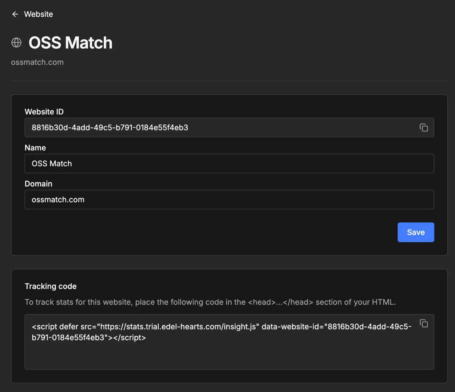 Umamiの管理画面でサイトを登録し、トラッキングコードを表示した画面