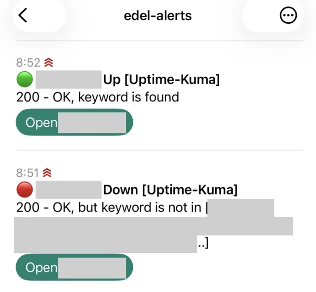 ntfyのアプリに届いた、Down（異常）とUp（復旧）の通知（サイト名は伏せています）
