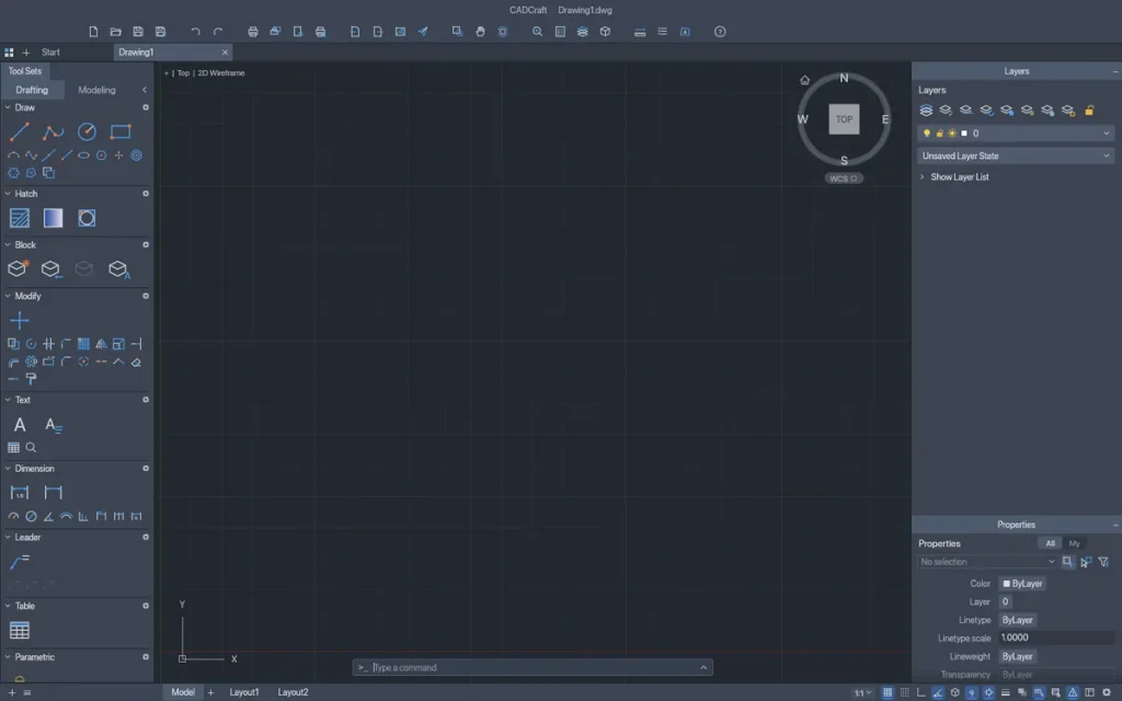CADCraft 0.6.2の起動画面。左にDraw・Hatch・Modifyなどのツールセット、右にLayersとProperties、下にコマンドラインが英語で表示されている