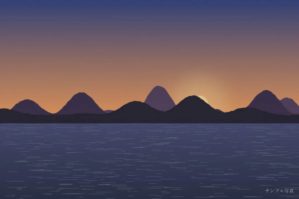 LightCraftで書き出した夕景のJPEG。右下に日本語の透かしでサンプル写真と入っている