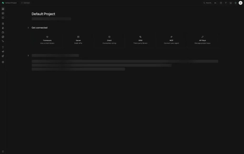 セルフホストしたSupabase Studio 2026.09.07のホーム画面。Get connectedにFramework、Server、Direct、ORM、MCP、API Keysの6つの入口が並び、表示はすべて英語